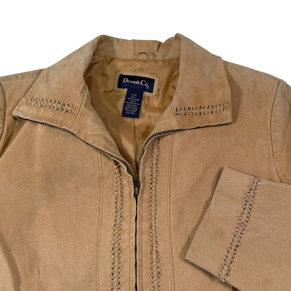 Denim & Co. L Tan Leather Jacket Whipstitch Zip Up Western Boho A73621